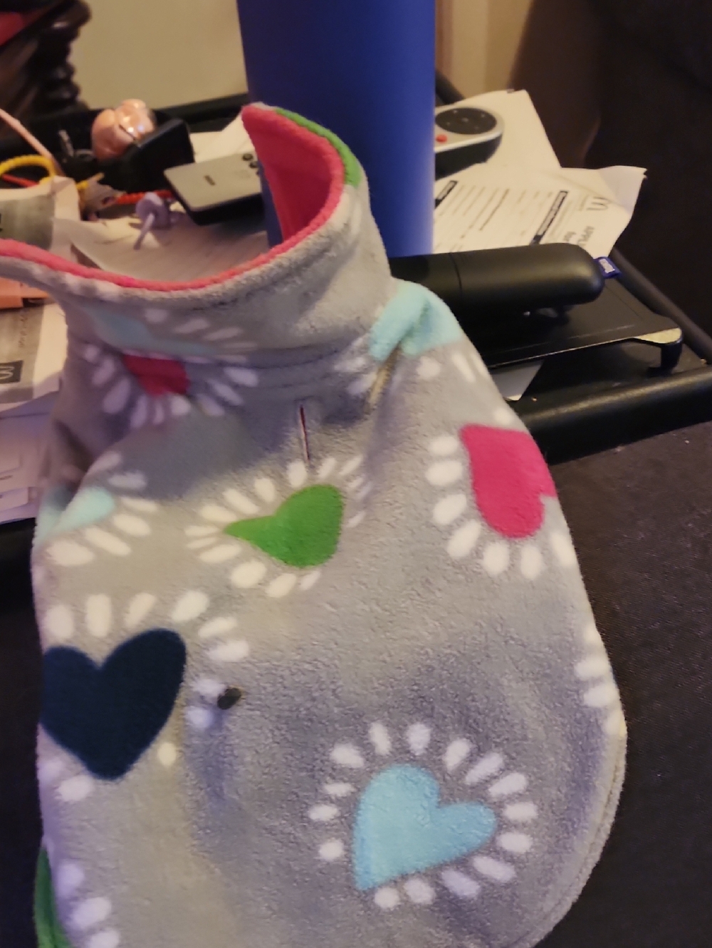 Dog Heart-Print Fleece Jacket - Gray with Multi-Color Hearts